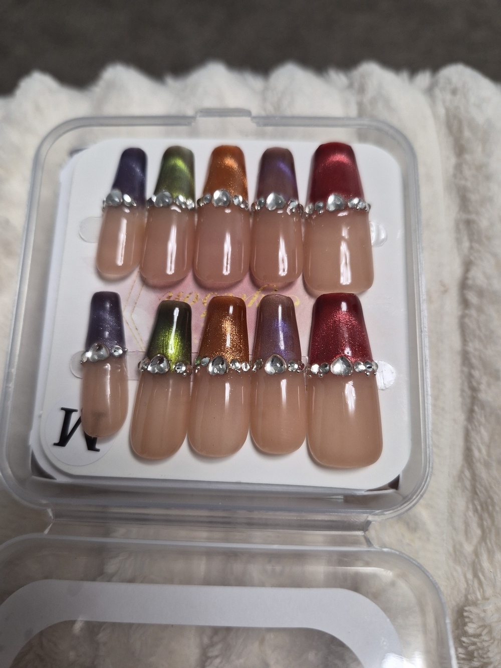 Luxury Handmade Rainbow Cat-Eye French Tip Press-On Nails